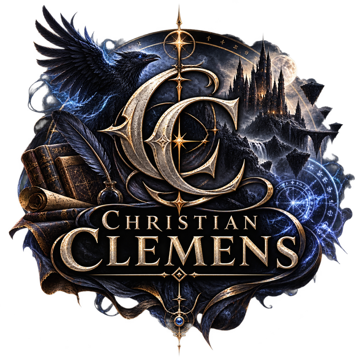 Christian Clemens: goldenes CC-Monogramm mit Rabe, Burg und magischem Kreis